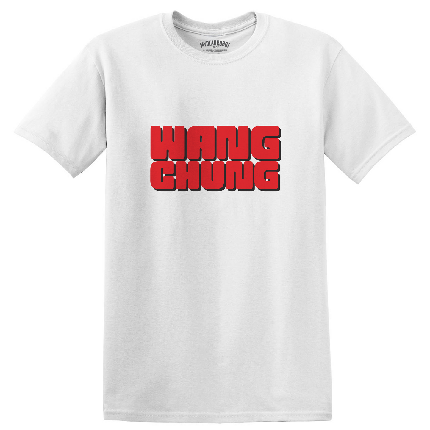 White t-shirt with red text 'WANG CHUNG' on a white background