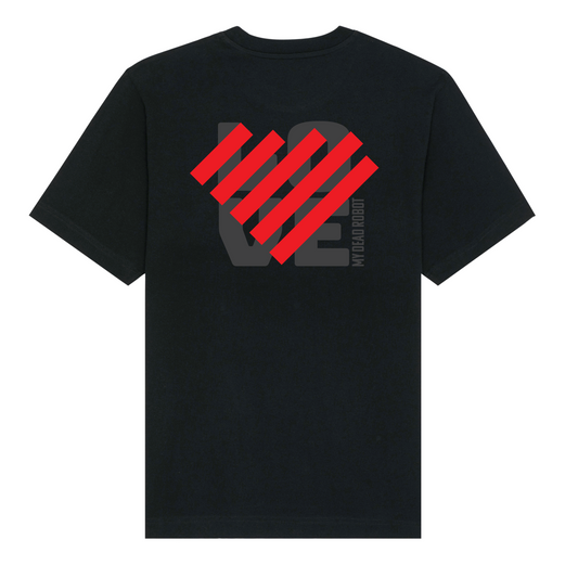 Black t-shirt with red and gray graphic design on a white background