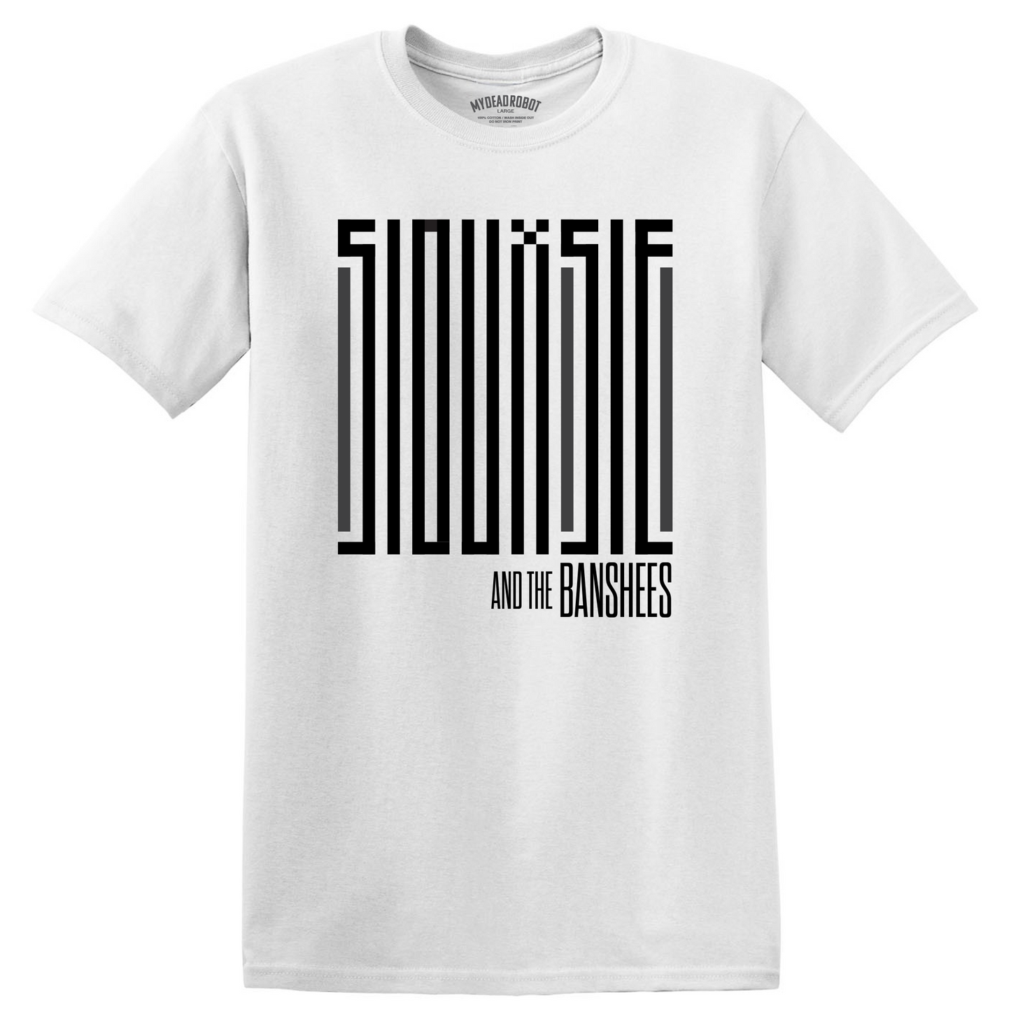 White t-shirt with black barcode design and text on a white background