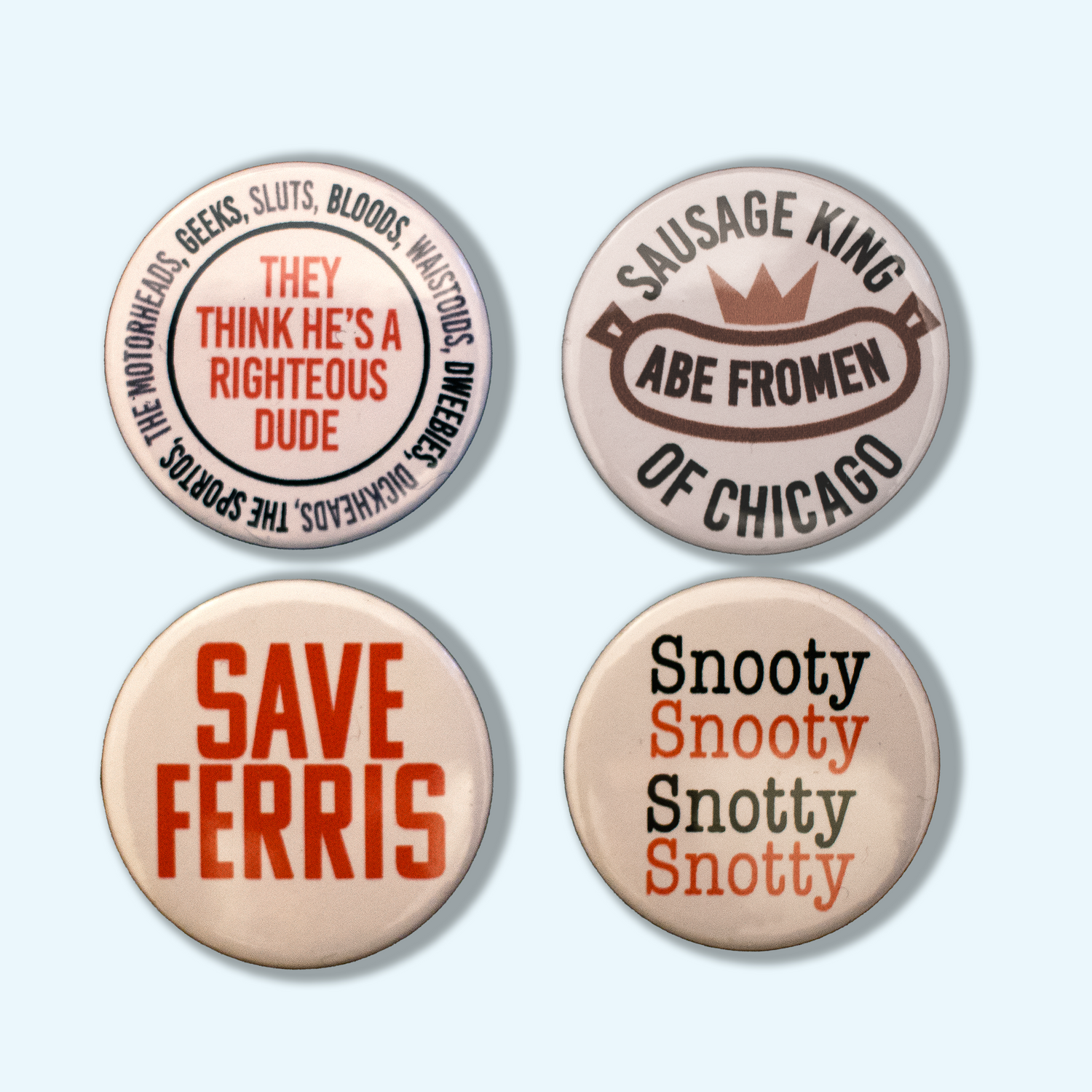 Four buttons with humorous text on a light blue background