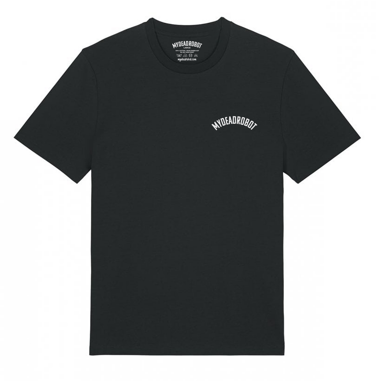 Black t-shirt with white text