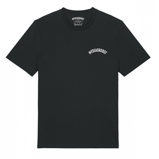 Black t-shirt with white text