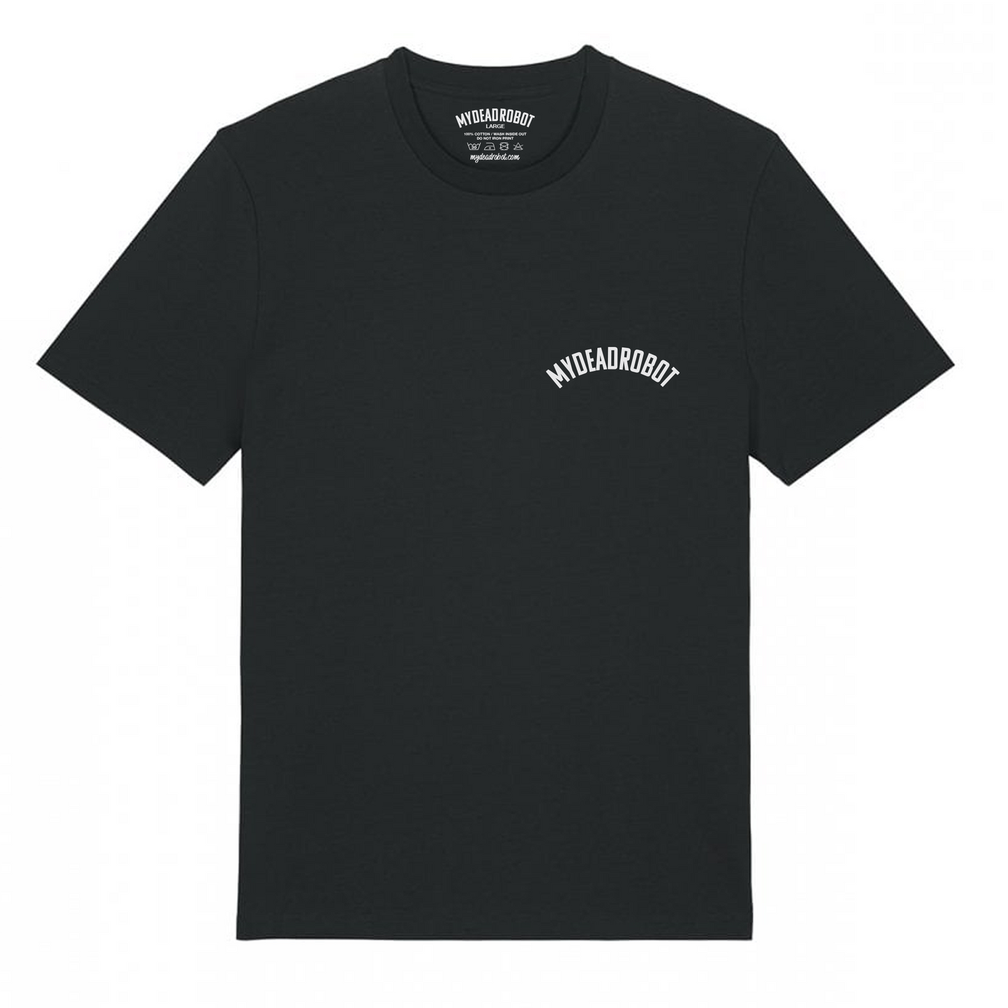 Black t-shirt with a logo on a white background