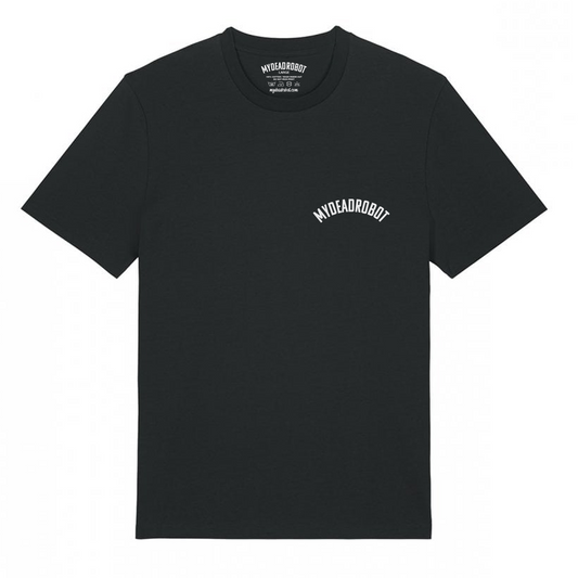 Black t-shirt with a logo on a white background