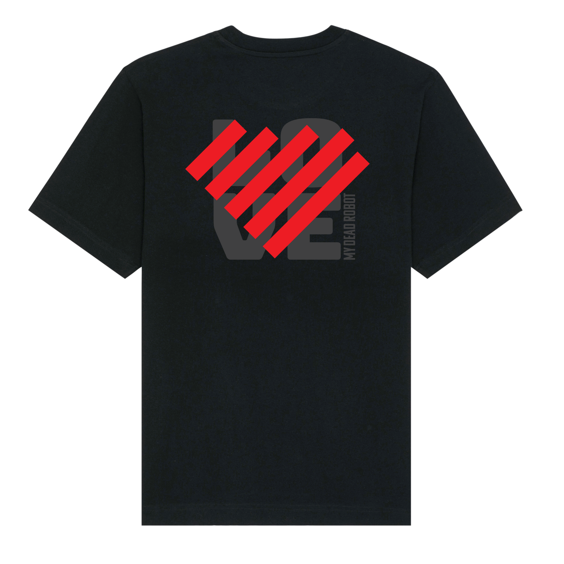 Black t-shirt with red and gray graphic design on a white background
