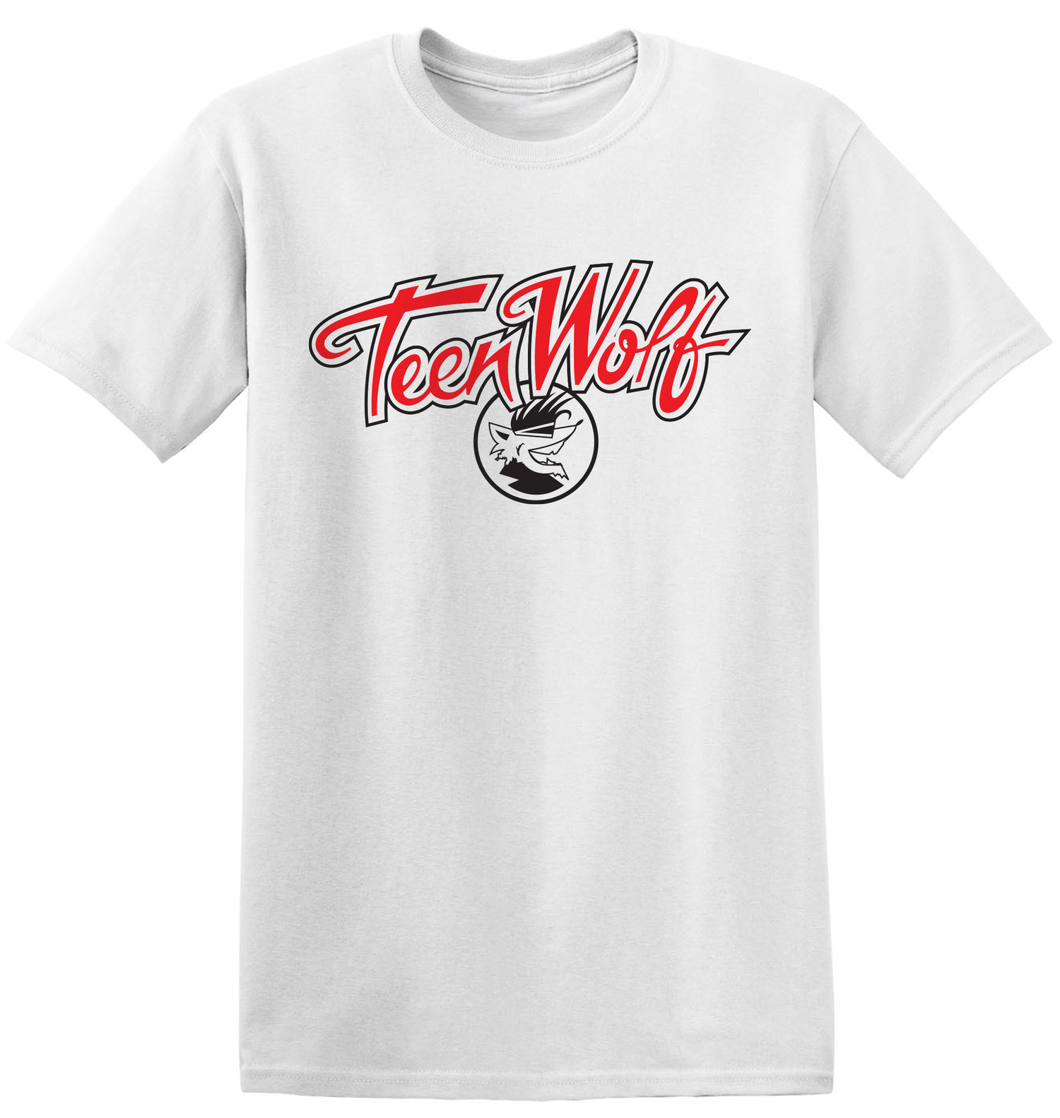 White crew neck t-shirt with the text 'Teen Wolf' and a graphic of a wolf face in red and black.