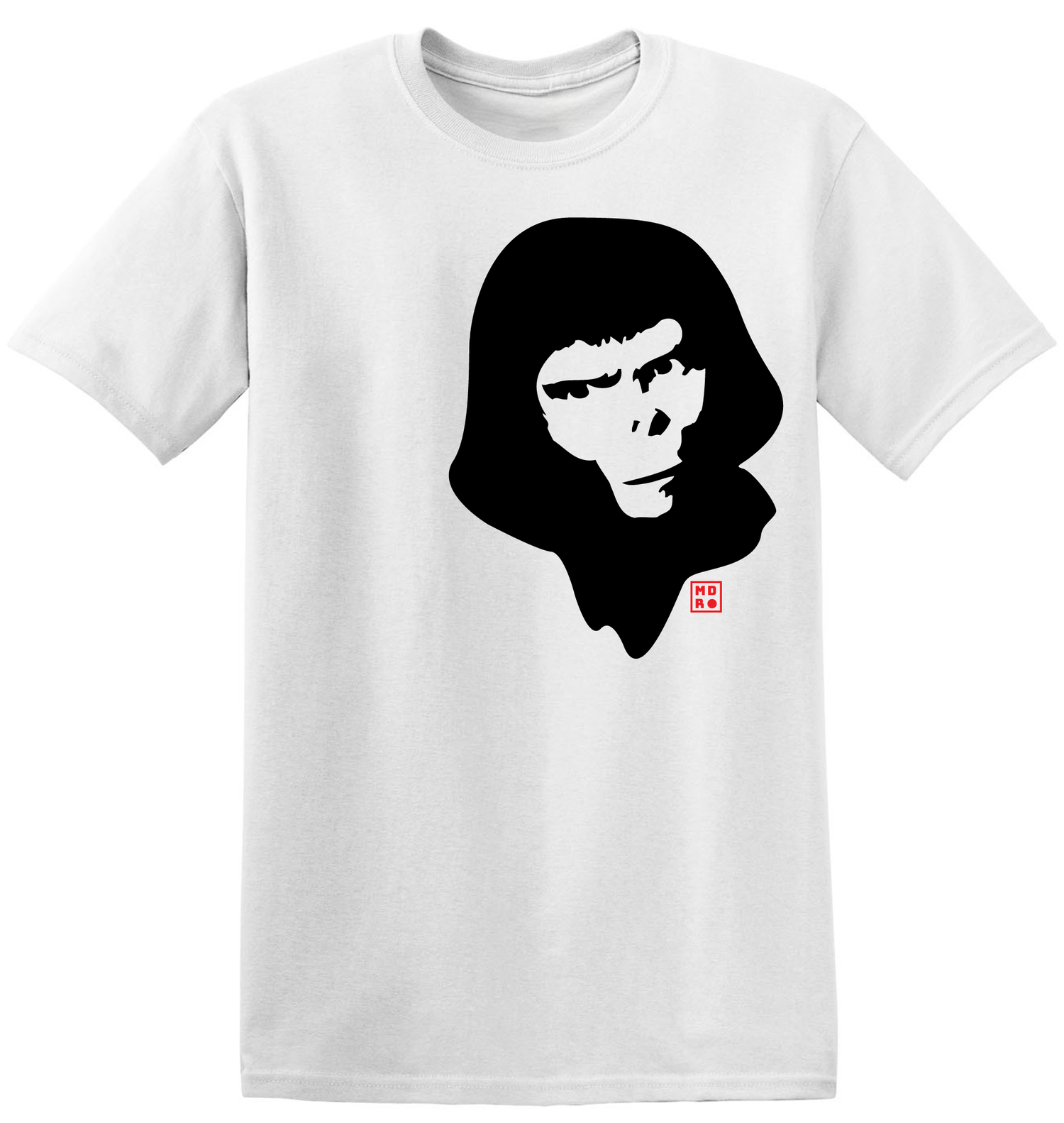 White t-shirt with a black graphic of a face and red stamp on a white background