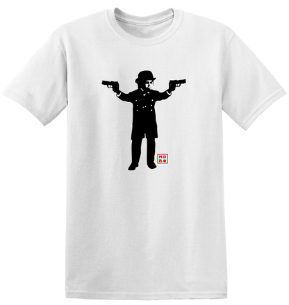 White t-shirt with a black graphic of a person holding guns and red text on a white background