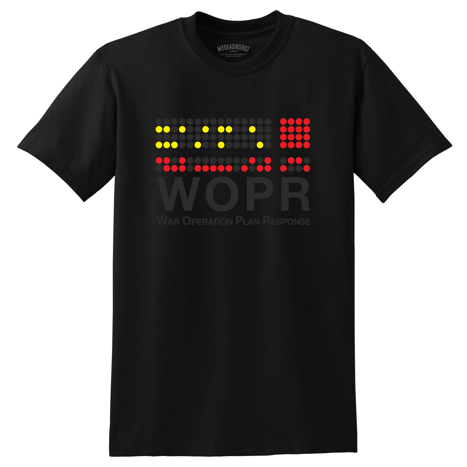 Black t-shirt with colorful text and logo on a white background