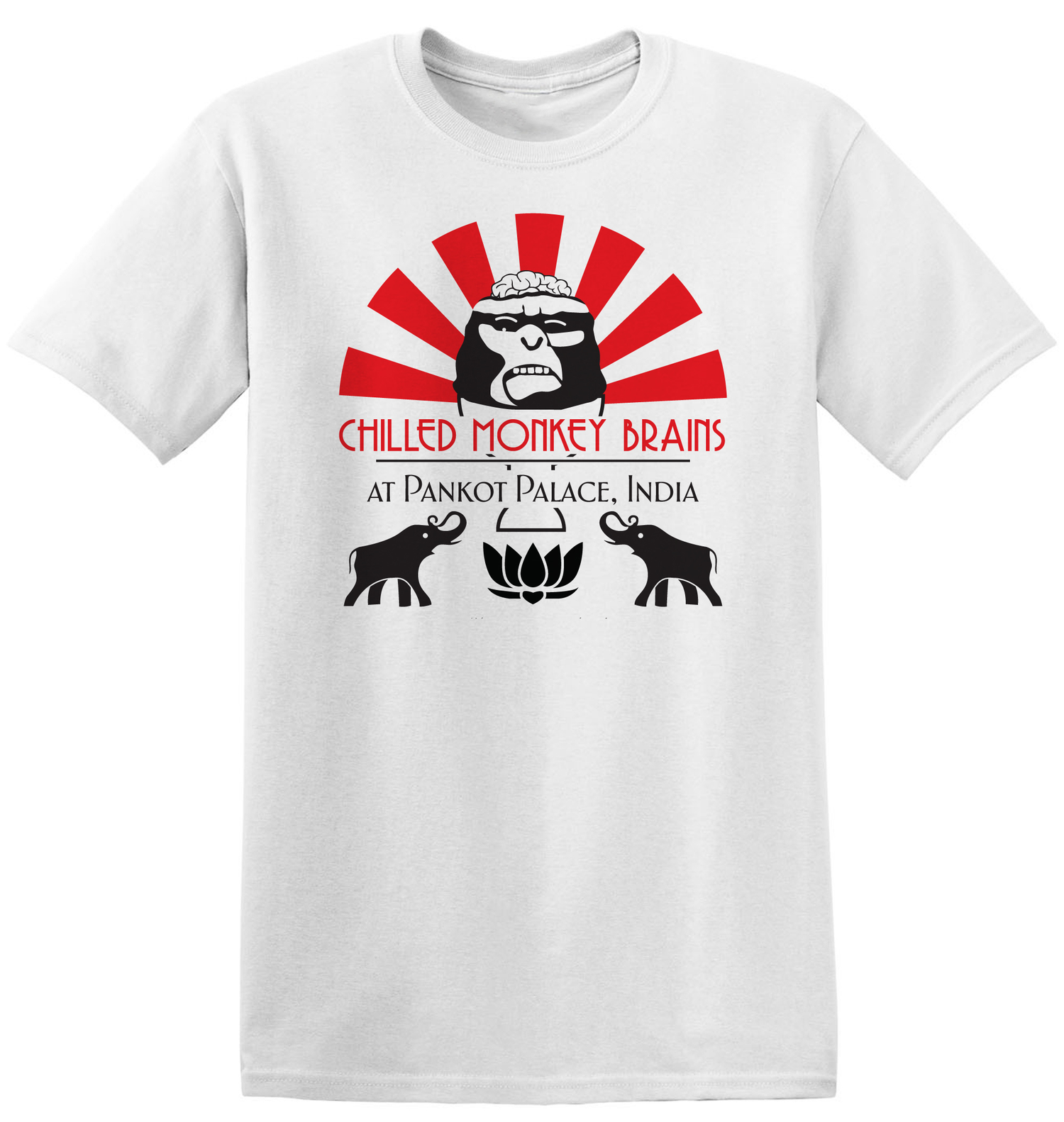 White crew neck t-shirt with graphic print of a monkey and text 'Chilled Monkey Brains at Pankot Palace, India'