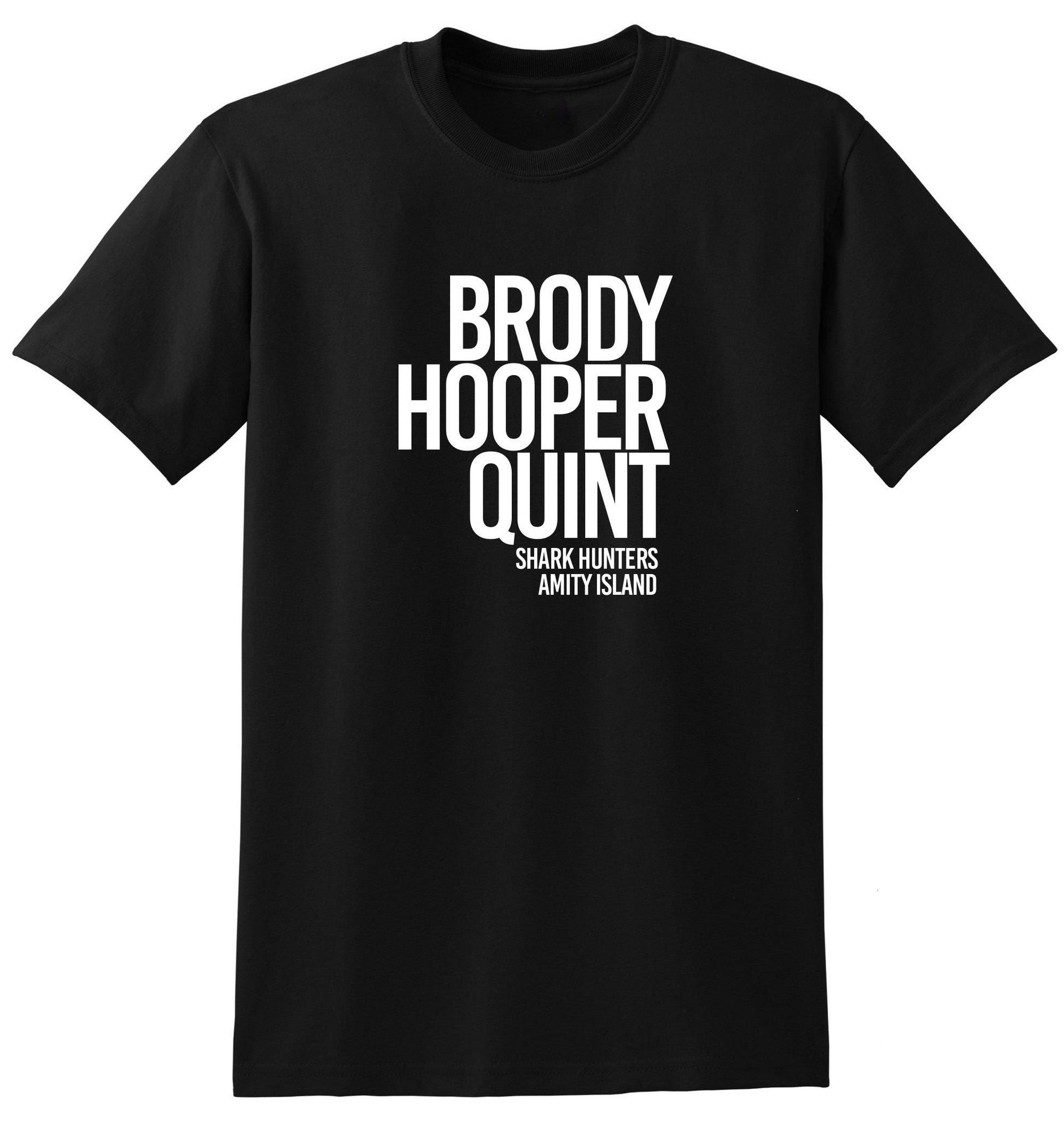 A navy blue t-shirt with the text 'BRODY HOOPER QUINT' printed in white.