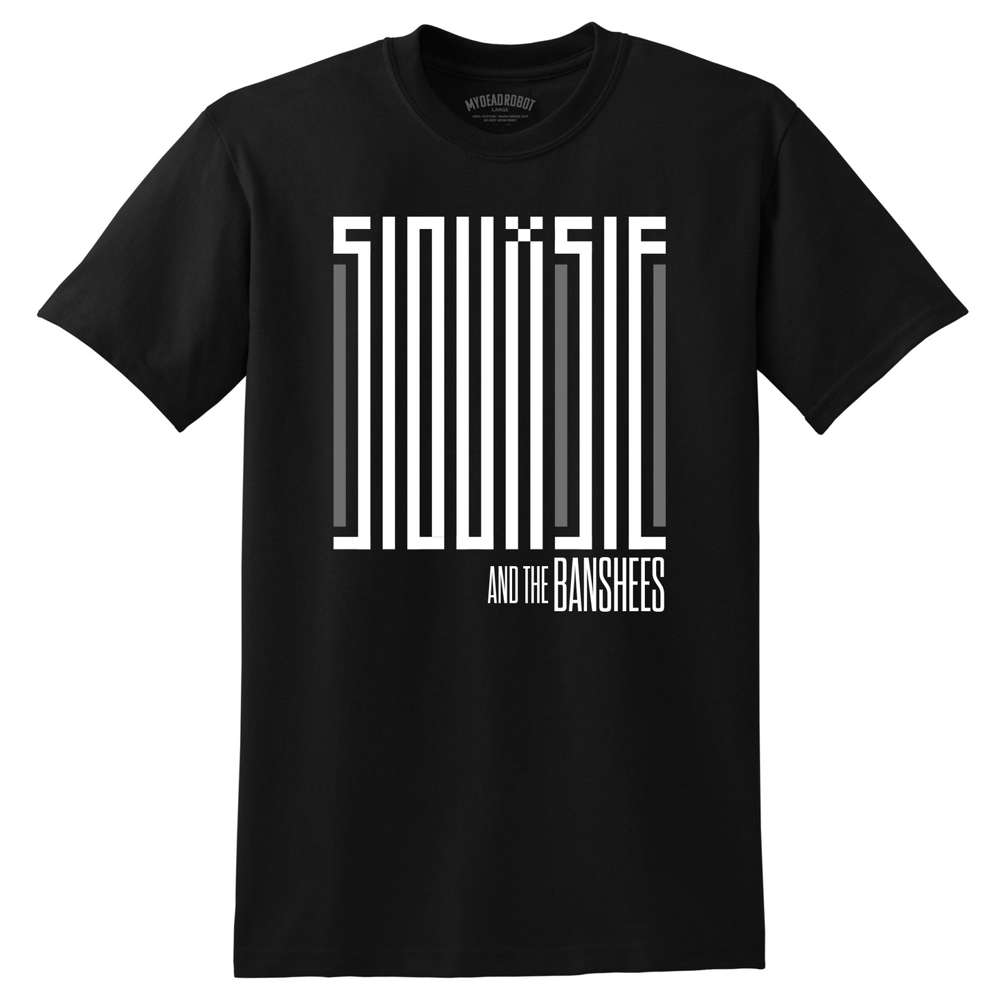 Black t-shirt with white barcode design and text on a white background