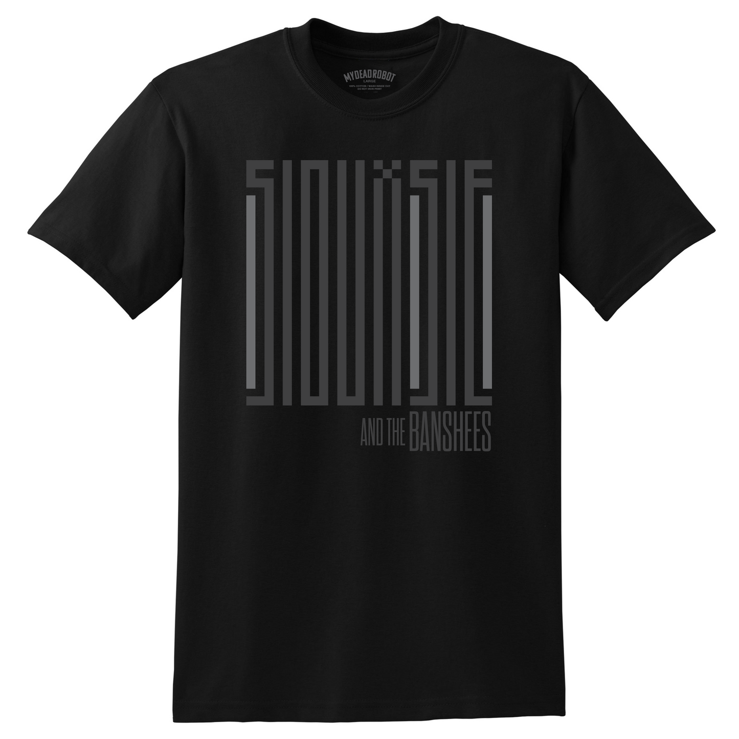 Black t-shirt with text design on a white background