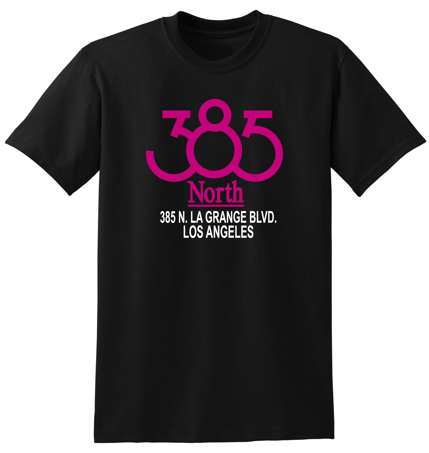 Black t-shirt with '385 North' text in pink and white on the front.