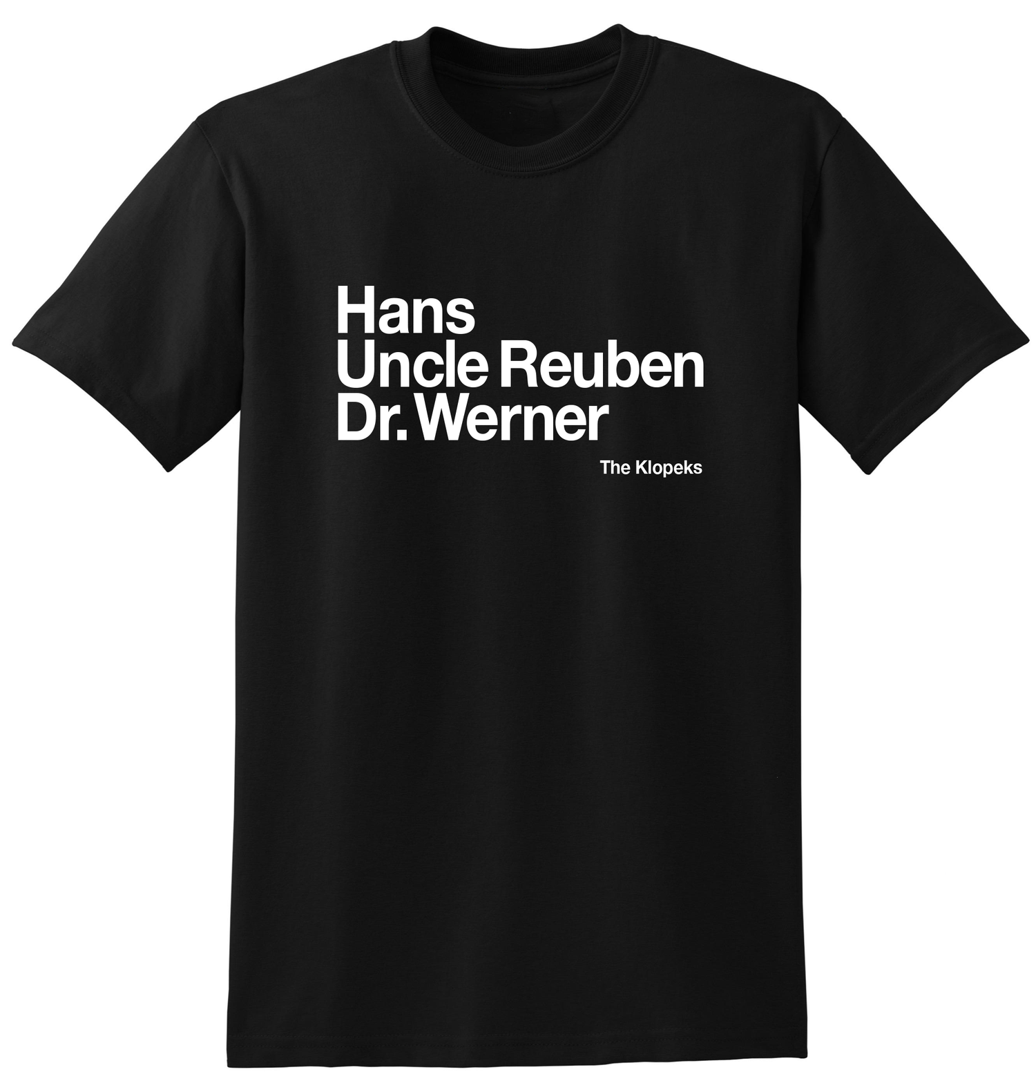 Black t-shirt with white text listing names of The Klopeks from The Burbs' on a white background