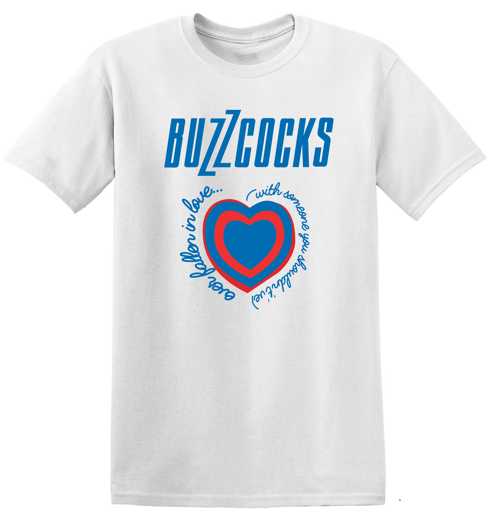 White t-shirt with blue and red heart design and text on a white background